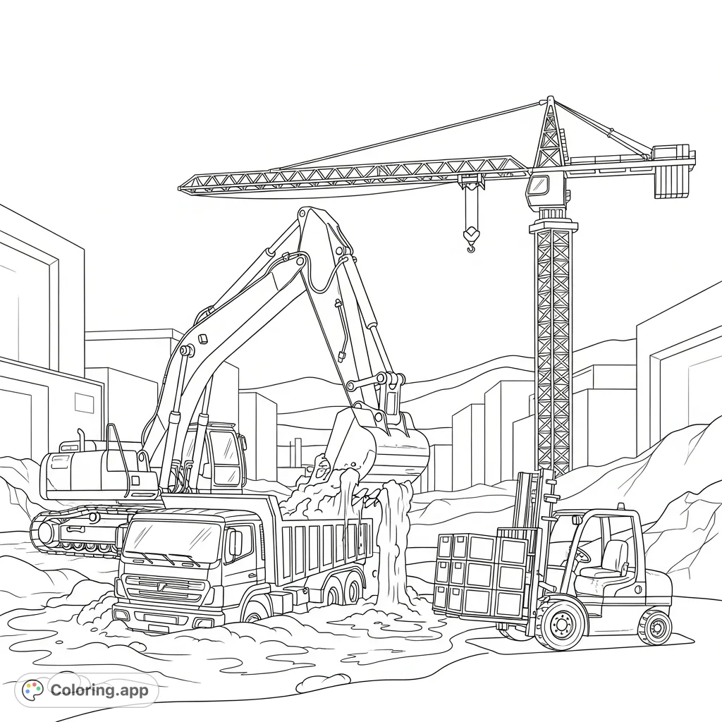 Explore a bustling construction site coloring page with an excavator, truck stuck in mud, forklift, and towering crane. A detailed scene for all ages!
