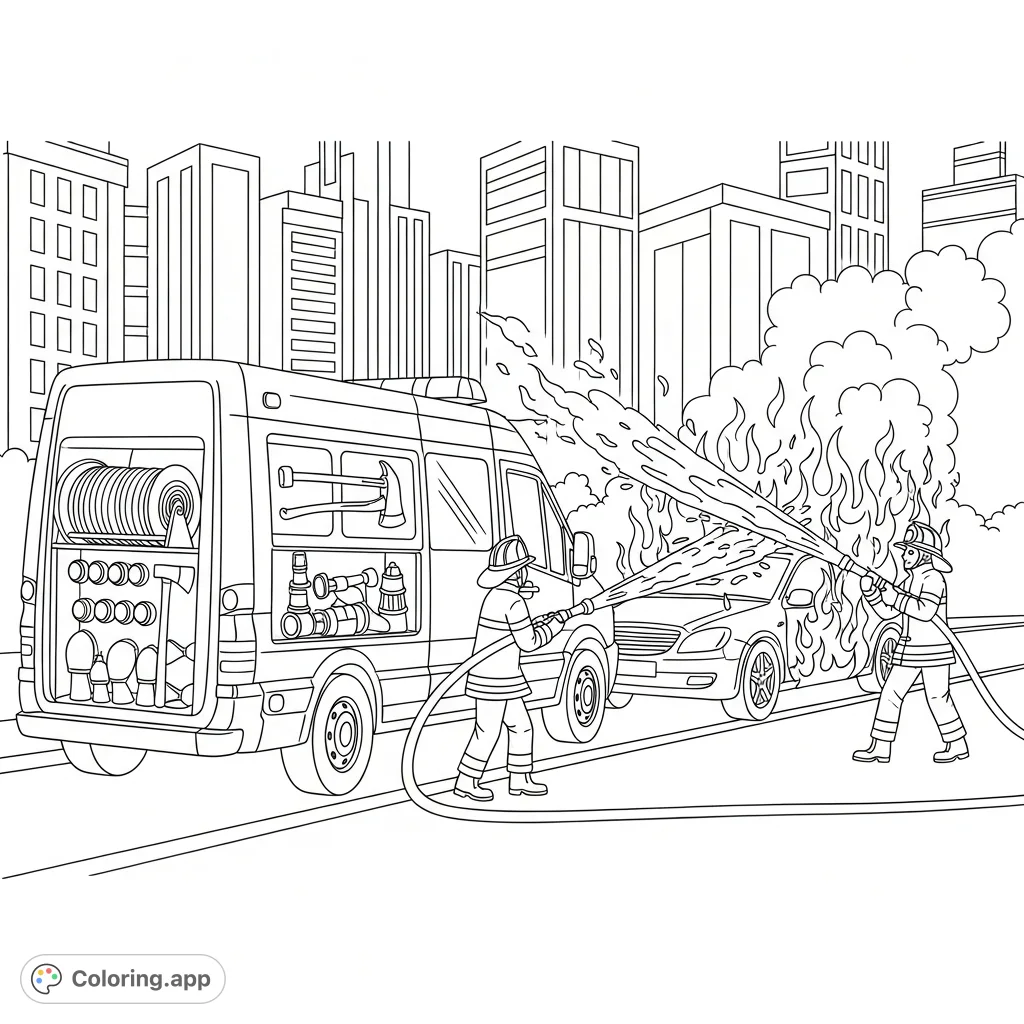 Experience a thrilling city rescue with this firefighter coloring page! A van, two firefighters, and a car on fire create an action-packed scene.