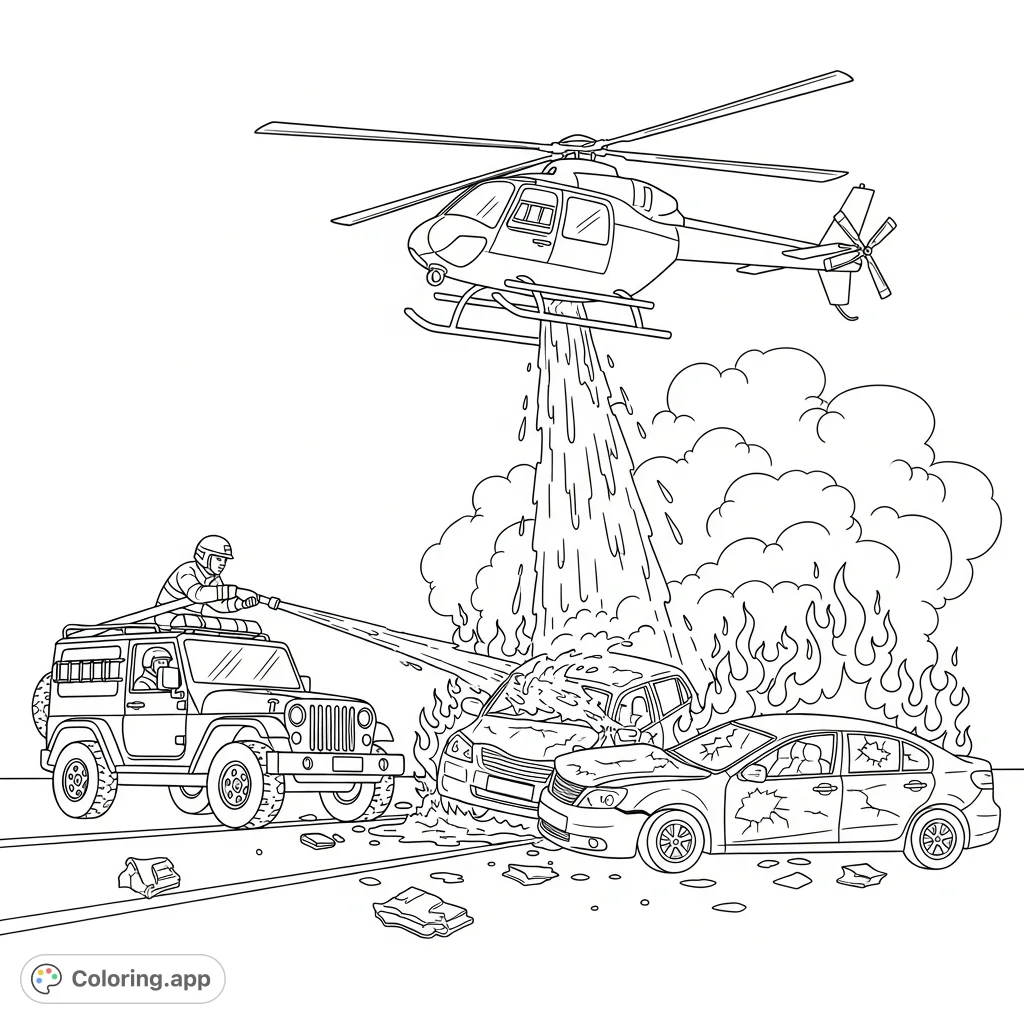 Engage with this detailed emergency rescue coloring page, featuring a firefighting jeep and helicopter battling a car crash fire. Perfect for all skill levels!
