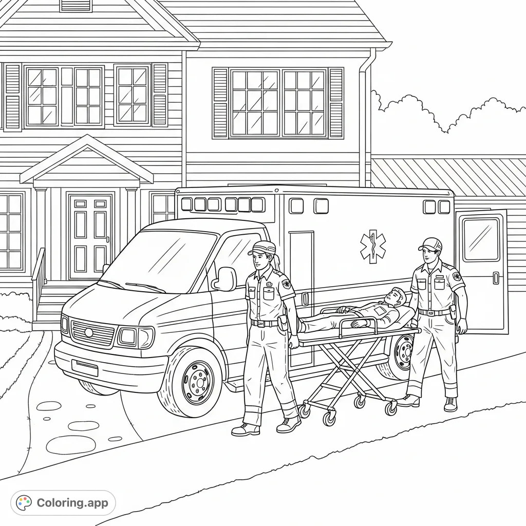 A detailed emergency scene featuring two paramedics transferring a patient on a stretcher to a van in front of a house. Ideal for exploring community helpers and emergency services.