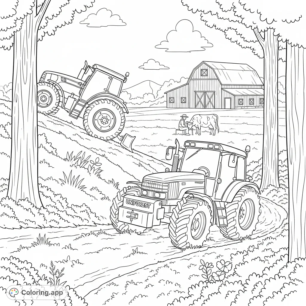 Explore a delightful farm scene with two tractors, a Uniforest winch, a classic barn, and a farmer milking a cow on a peaceful meadow.