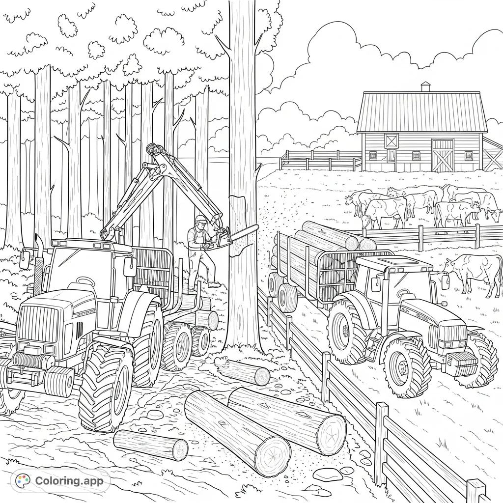 Explore a dynamic rural scene featuring tractors at work: one logging in the woods, another hauling logs on a farm with a forester and grazing cows.