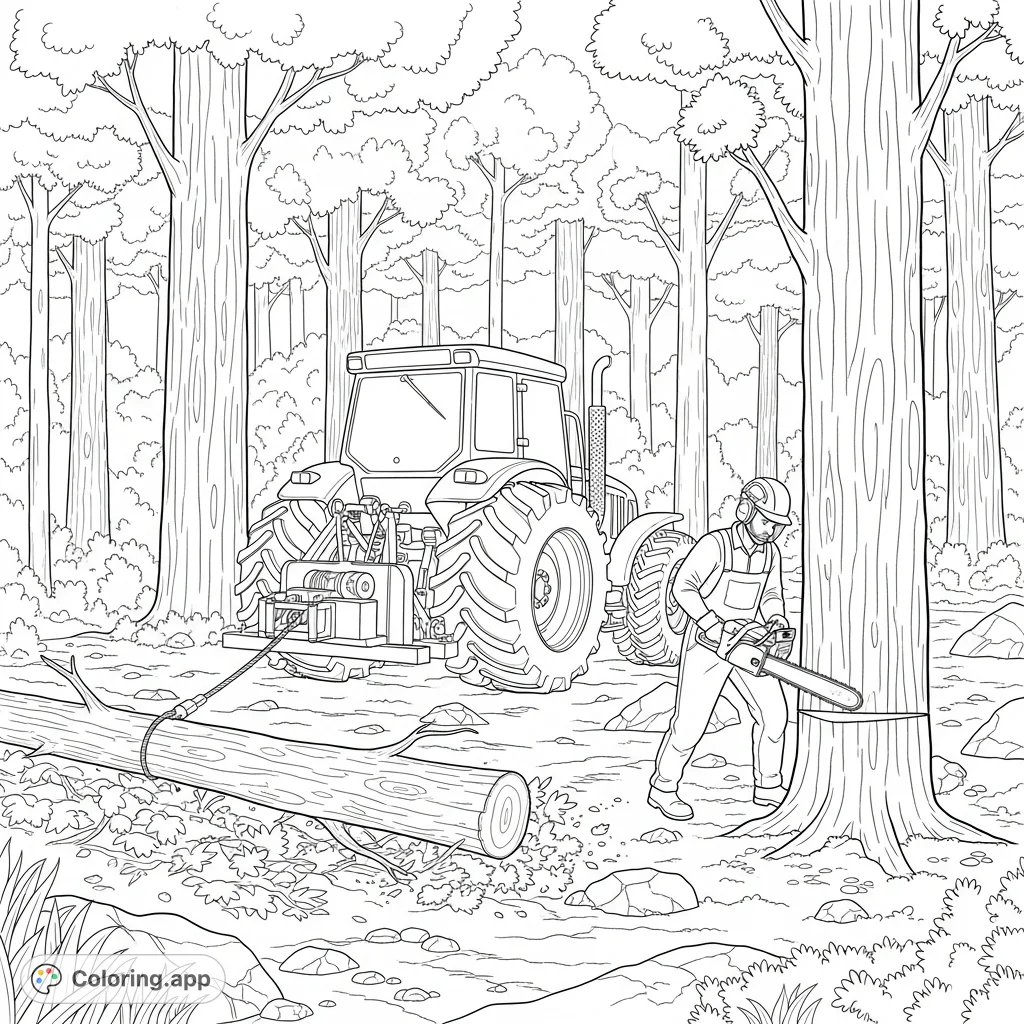 An industrious forest scene with a sturdy tractor pulling a tree with its winch, while a man fells another. A detailed nature and machinery coloring page.