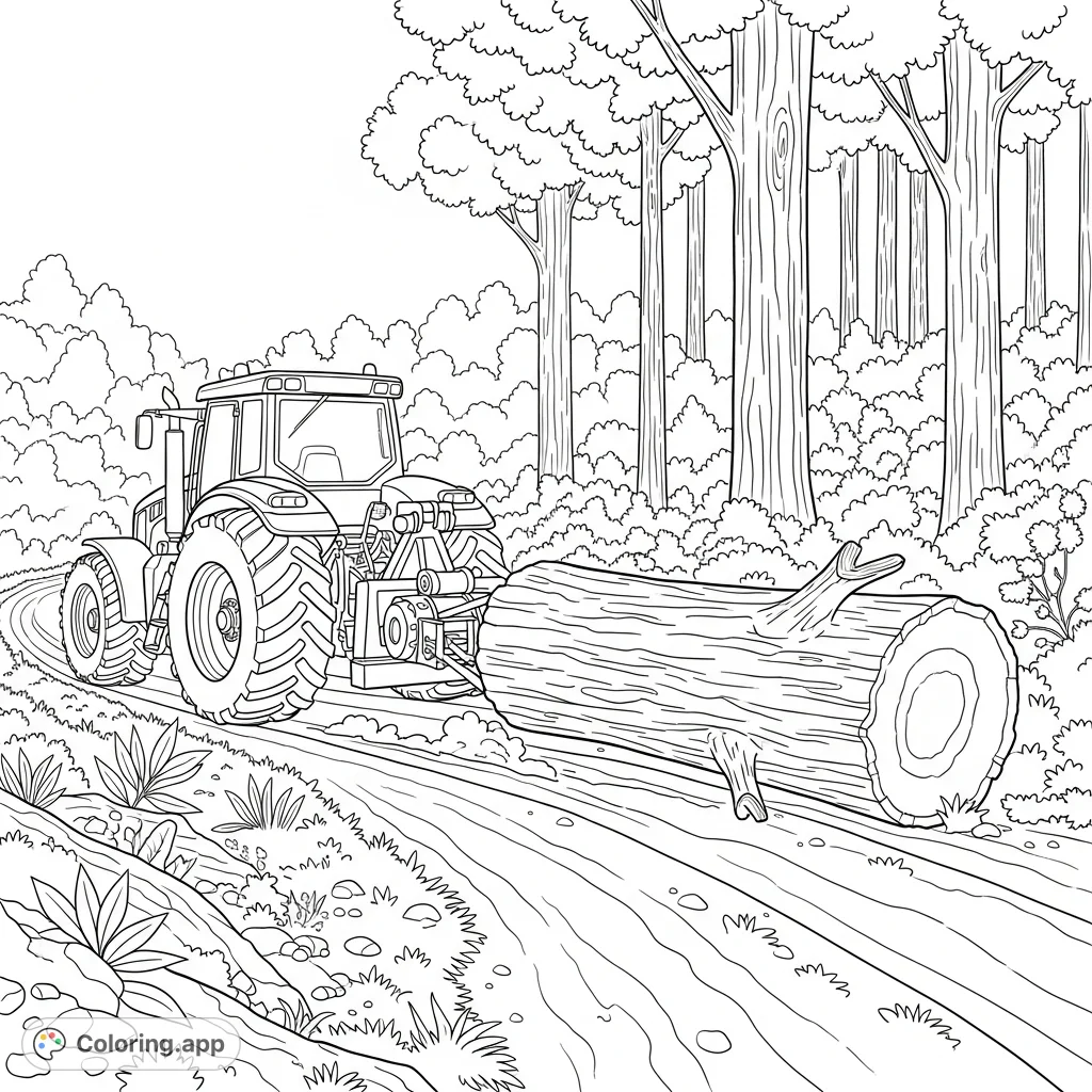 Experience the power of a forestry tractor dragging a massive tree trunk along a dirt road, set against a dense forest backdrop. A detailed, rugged scene.