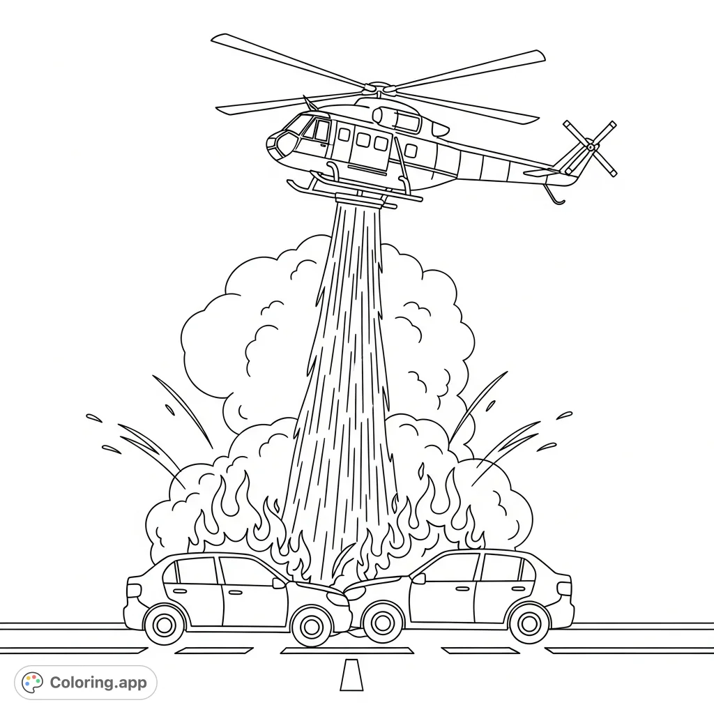 A thrilling car accident scene where a rescue helicopter courageously douses a vehicle fire, perfect for a free printable coloring page for kids.