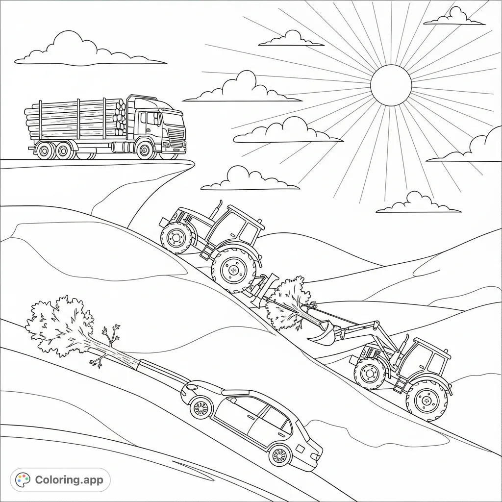 Explore a detailed working vehicles landscape coloring page featuring a truck with logs, tractors with winches pulling a tree and a car across hills and valleys.