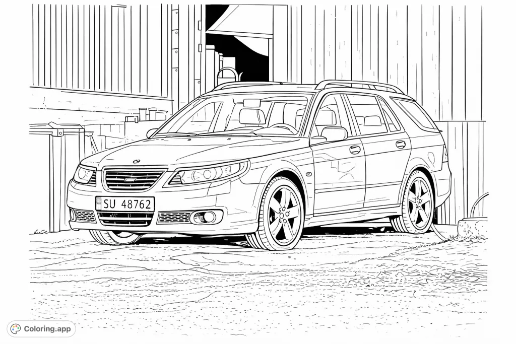 Color a detailed station wagon parked outside a textured building with a refuse bin, featuring realistic car design and environmental elements.