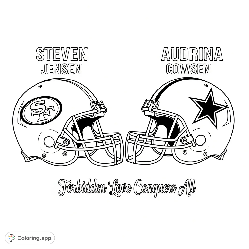 Celebrate team spirit and a unique bond with this 'Forbidden Love' coloring page featuring San Francisco 49ers and Dallas Cowboys helmets.