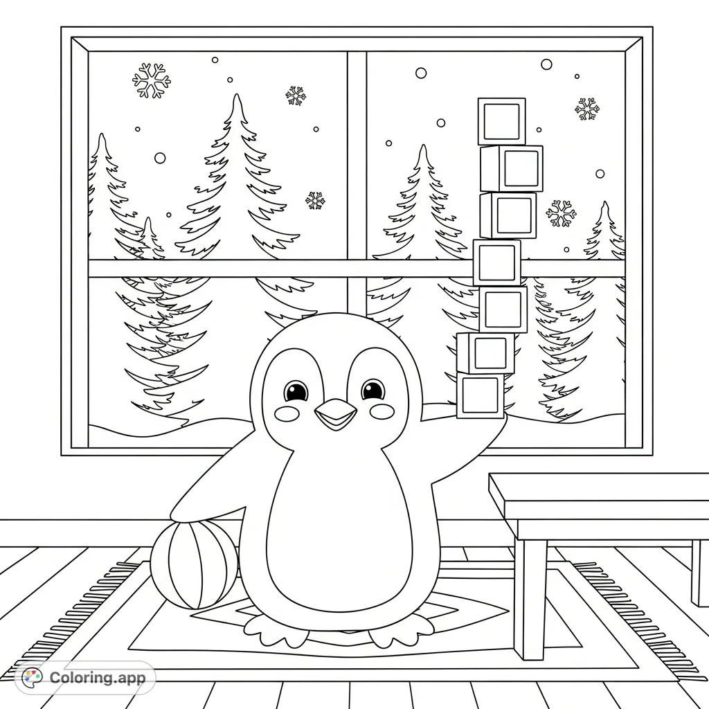 An adorable penguin plays with a ball and stacking blocks in a cozy winter room, complete with a snowy window view. A charming winter scene for coloring!