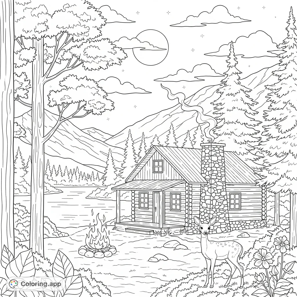 Discover a tranquil mountain escape with a cozy log cabin, a gentle fawn, and a serene lake under a luminous celestial body. A peaceful nature scene for all ages.