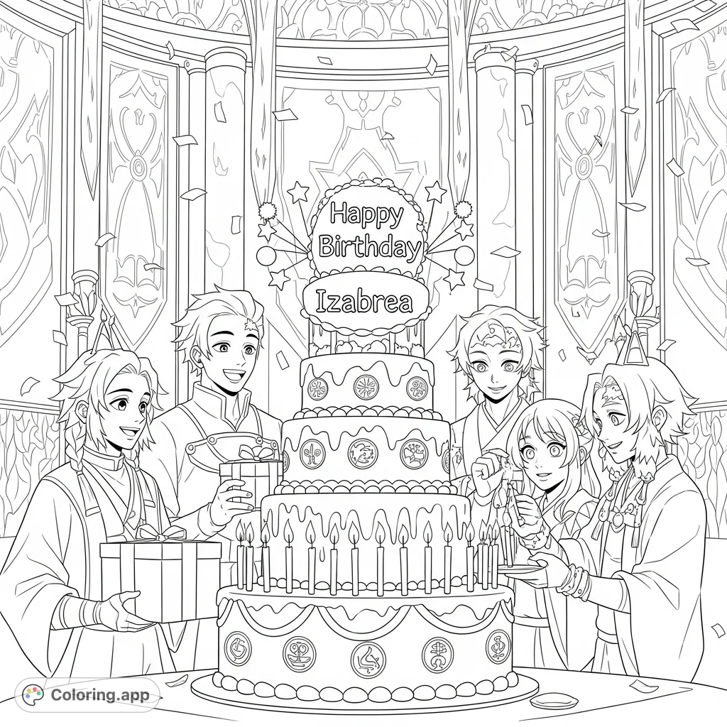 Join K-pop demon hunters celebrating a birthday with a multi-tiered cake, ornate hall, confetti, and detailed character poses. A festive and engaging scene!