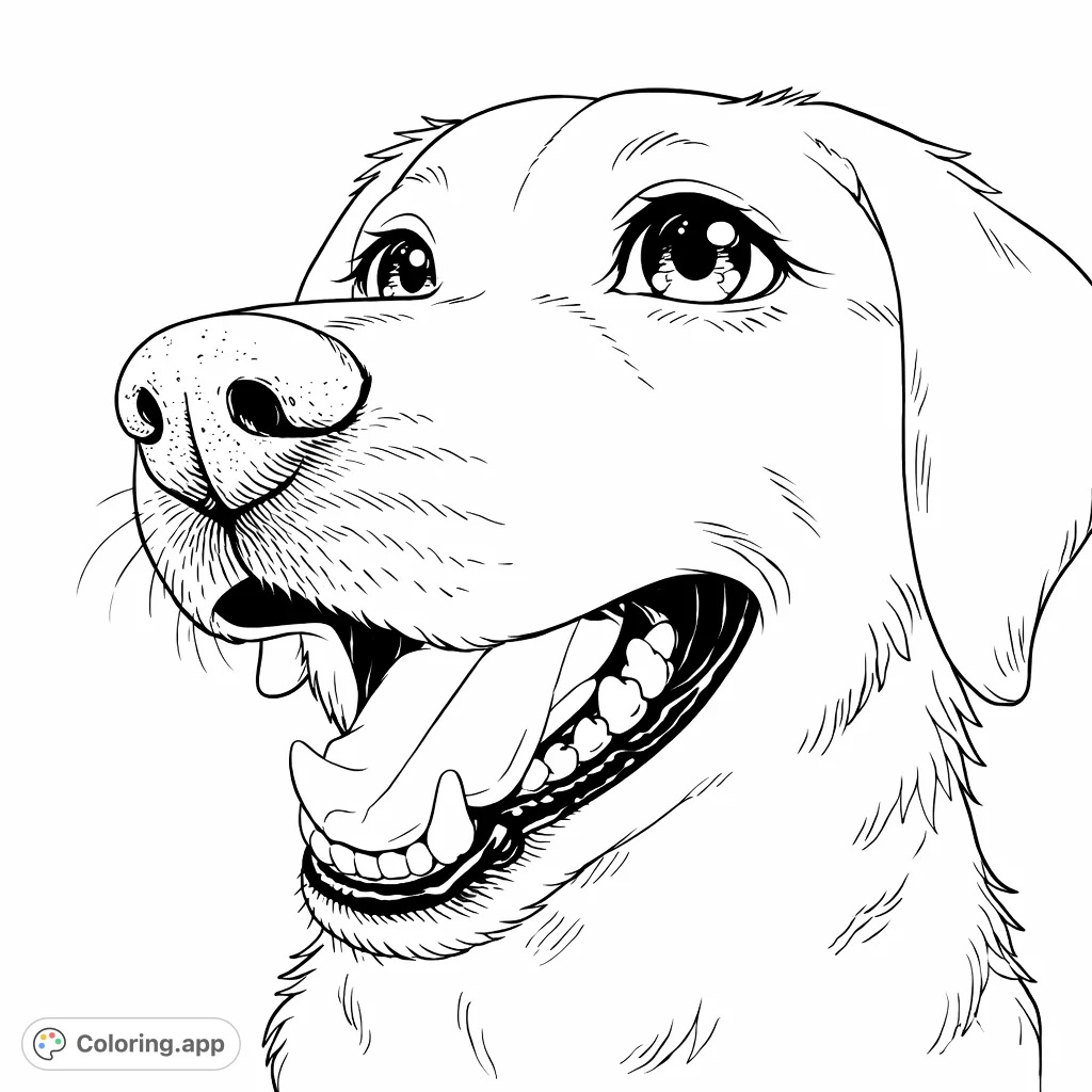 Capture the happiness of a loyal companion! This detailed dog close-up features an open mouth, expressive eyes, and intricate fur textures for a charming coloring experience.