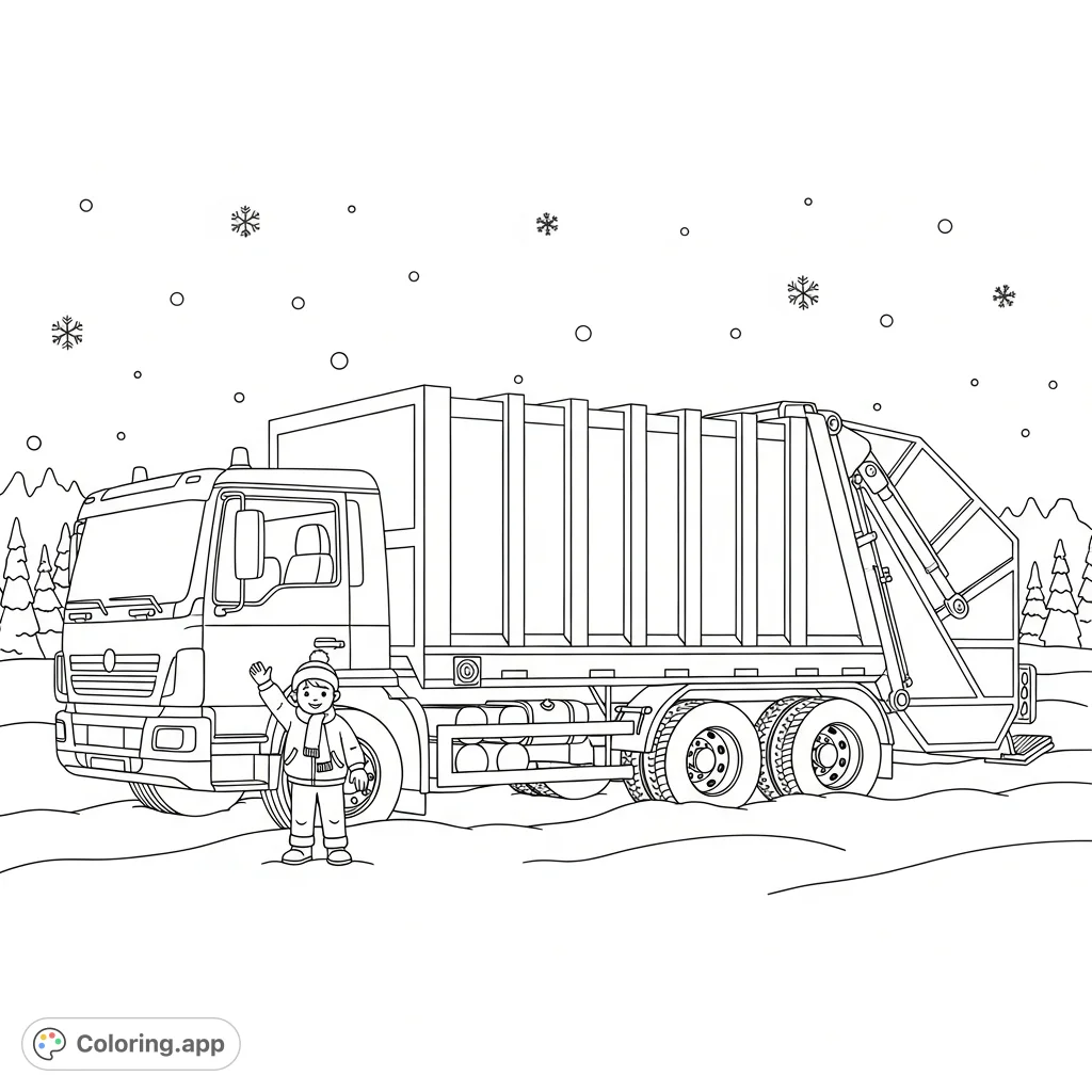 A detailed garbage truck in a snowy scene, with a happy child waving. Perfect for vehicle enthusiasts and winter fun!