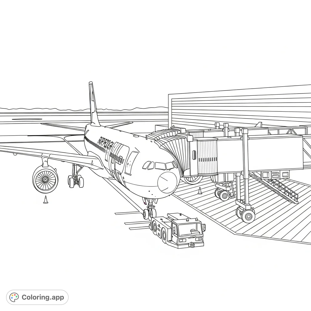 An exciting TAP A330 airplane coloring page, depicting the aircraft on the tarmac near an aerobridge with a tug vehicle. A free printable coloring page for aviation enthusiasts.