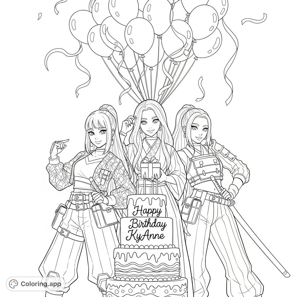 Three Kpop-inspired demon hunter girls, Rumi, Mira, and Zoey, celebrate a birthday with a "Happy Birthday KyAnne" cake and festive balloons.