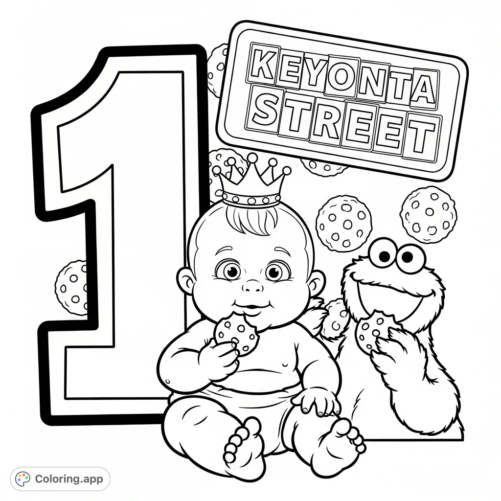 Celebrate a special milestone with a charming baby, a crown, and the beloved Cookie Monster enjoying cookies. Features a '1' and a 'Keyonta STREET' sign.