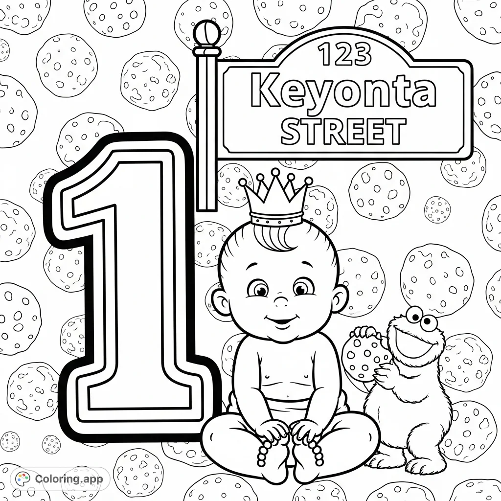 Celebrate a special first milestone with this charming baby, complete with a crown, a bold "1" numeral, and a customizable "Keyonta STREET 123" sign.