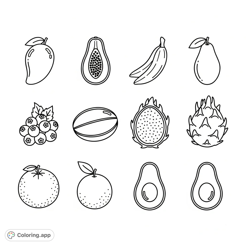 A delightful coloring page featuring eight simple cartoon fruits, including mango, papaya, and orange, arranged in a neat 2x4 grid on a clear background.