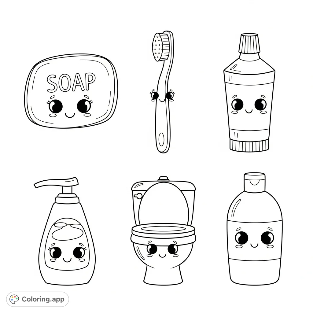 A delightful 2x3 grid features six cute, anthropomorphic bathroom essentials like soap, toothbrush, and a smiling toilet. Perfect for a fun coloring session!
