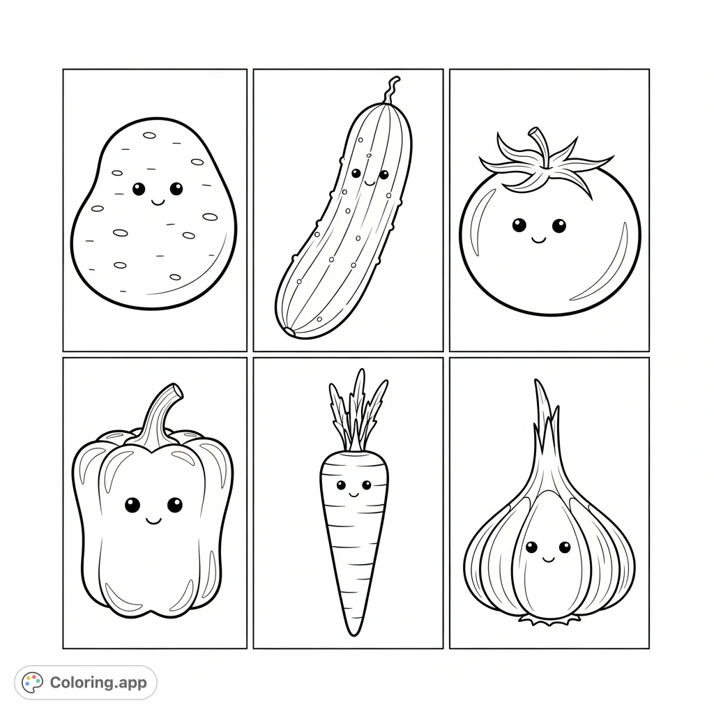Discover six adorable vegetables in a clean 2x3 grid layout, perfect for a cheerful coloring activity. Simple shapes, happy faces.