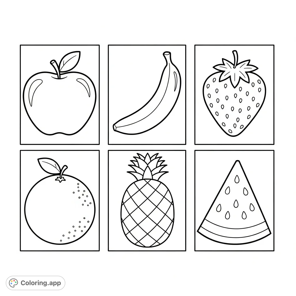 A delightful cute fruit coloring page featuring an apple, banana, strawberry, orange, pineapple, and watermelon in a clean 2x3 grid.