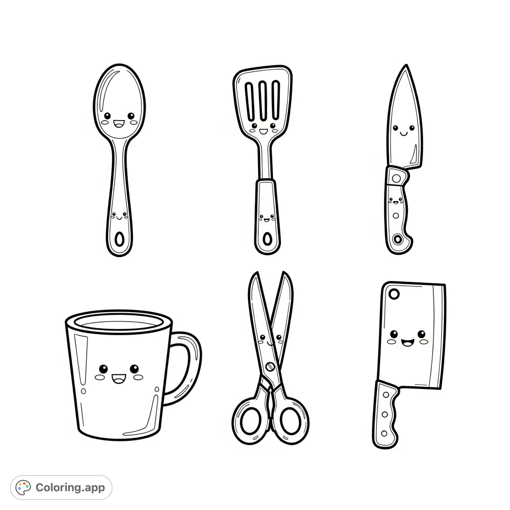 A delightful kitchen utensil coloring page featuring a spoon, spatula, knife, scissors, cup, and cleaver in a cute, simple grid. Perfect for young artists!