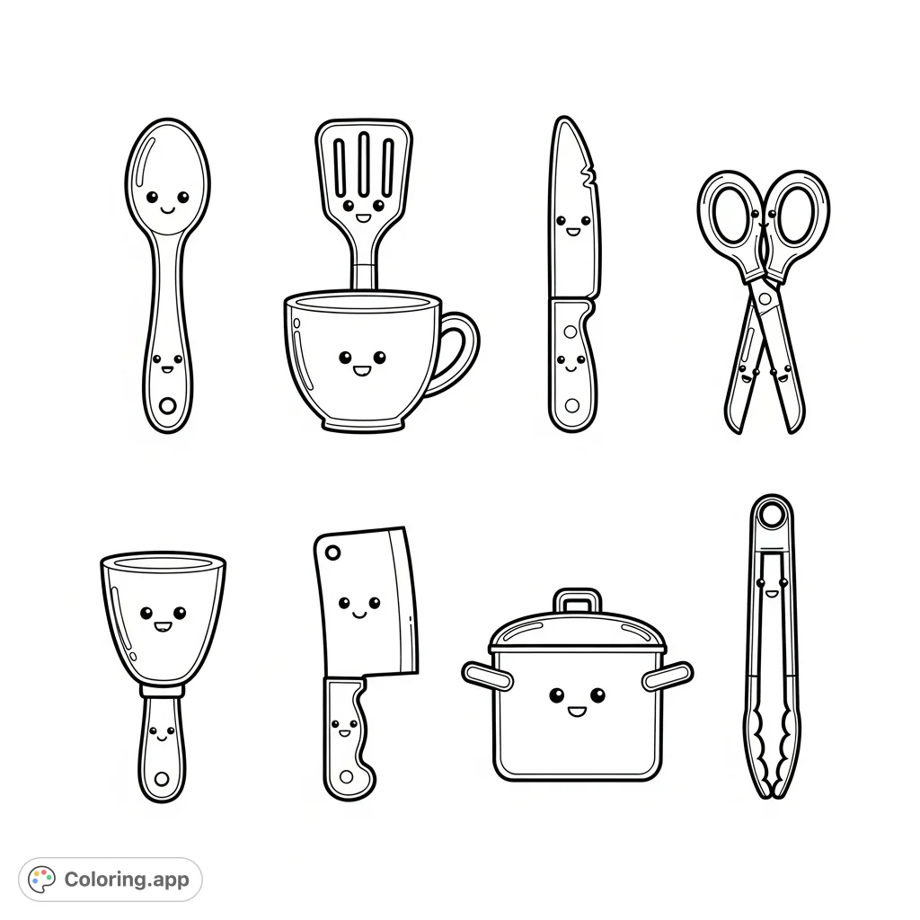 Discover a charming array of cute kitchen utensils in a simple 2x4 grid. Perfect for an easy coloring experience and imaginative play.