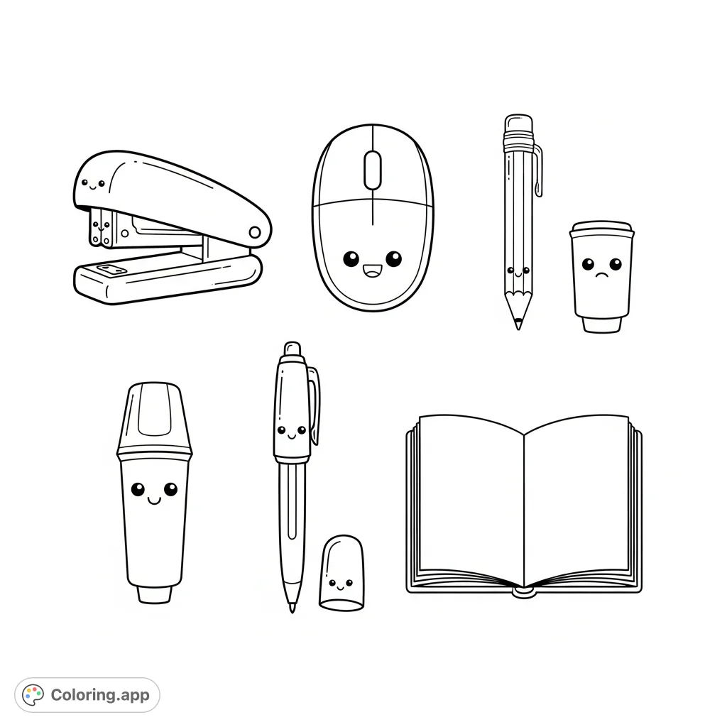 A charming grid features six cartoon-style office essentials: a stapler, mouse, pencil, highlighter, pen, and notebook, perfect for a fun and simple coloring activity.