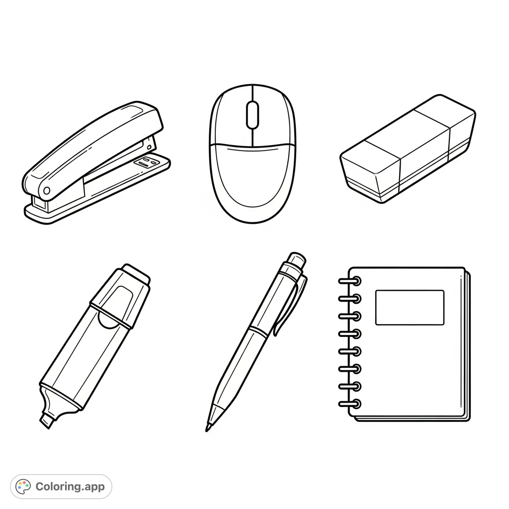 Discover a charming office supplies coloring page featuring six adorable items in a neat 2x3 grid. Perfect for kids and adults to enjoy!