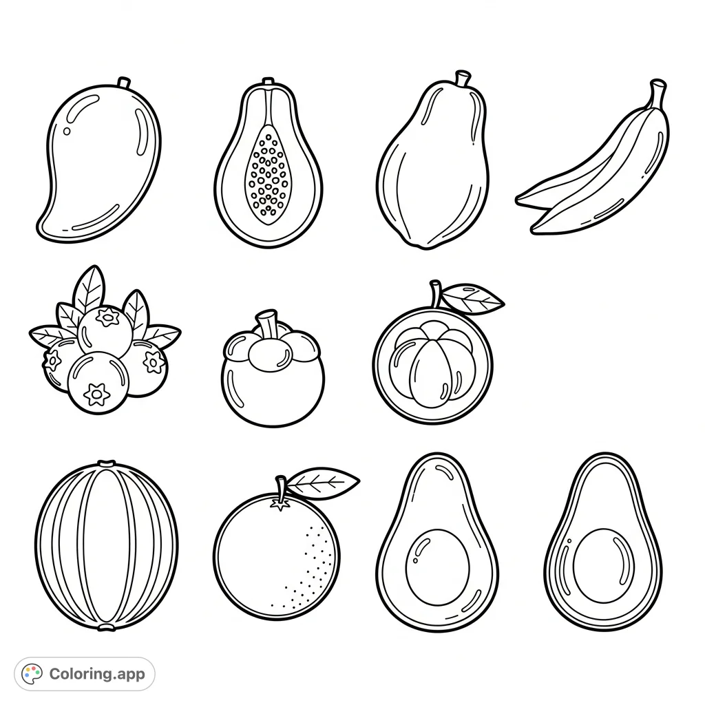 A delightful free printable fruit coloring page featuring eight simple, bold cartoon fruits like mango, papaya, blueberry, and orange. Perfect for young artists!