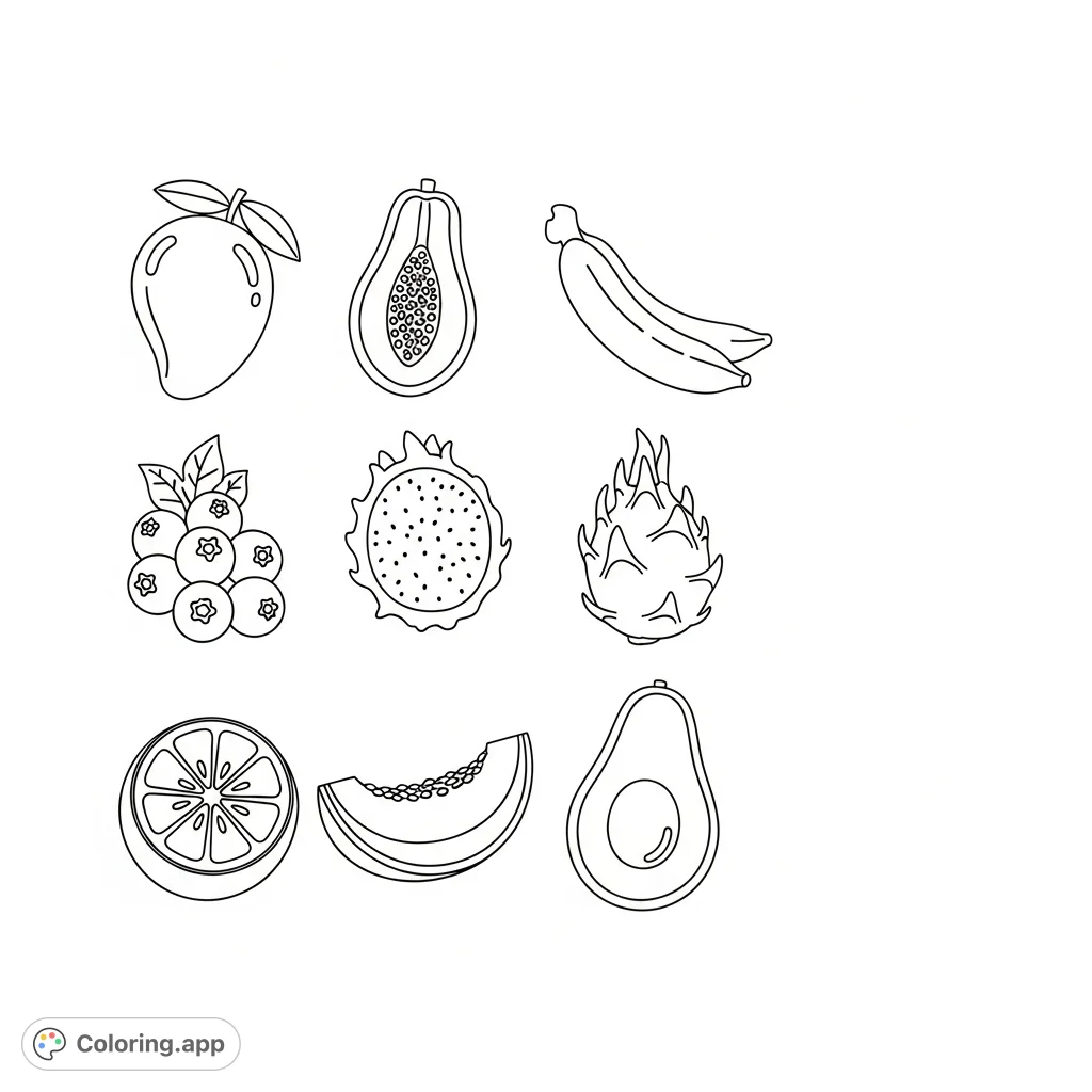 Discover a delightful array of simple cartoon fruits, including mango, papaya, and dragon fruit, perfect for an easy and fun coloring experience!