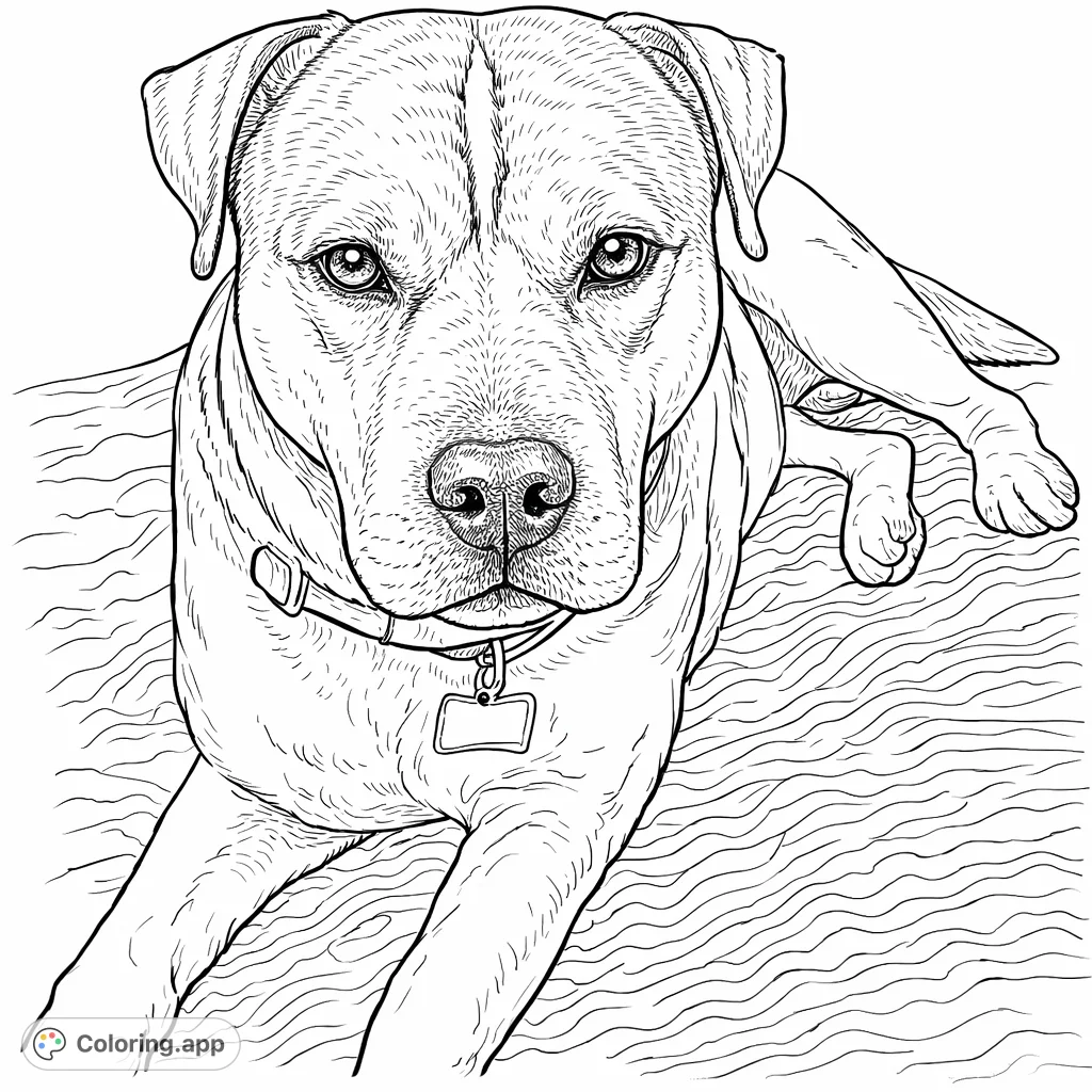 Capture the soulful gaze of this loyal dog, resting peacefully on a textured blanket. A charming and engaging dog coloring page for all ages.