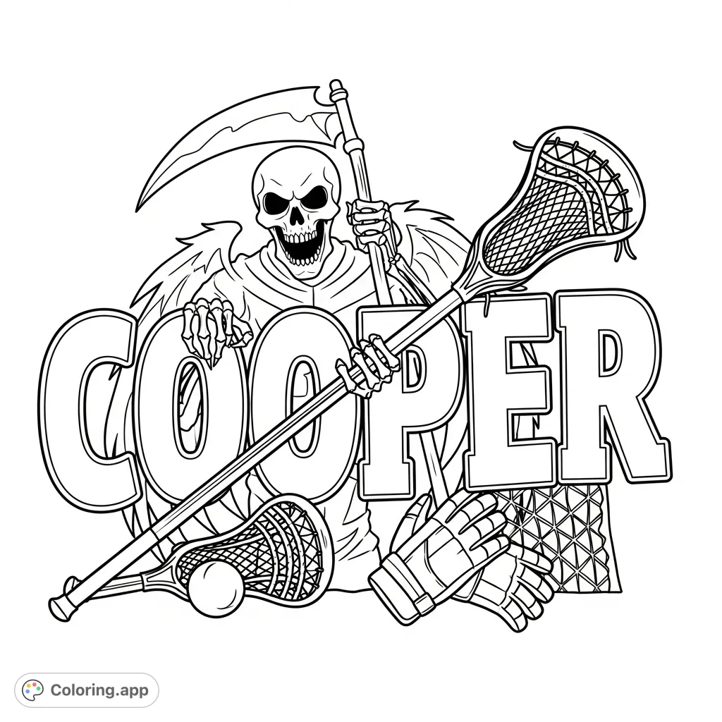 Prominent COOPER lettering intertwined with a majestic reaper and lacrosse gear, offering a unique blend of sport and myth for creative coloring.