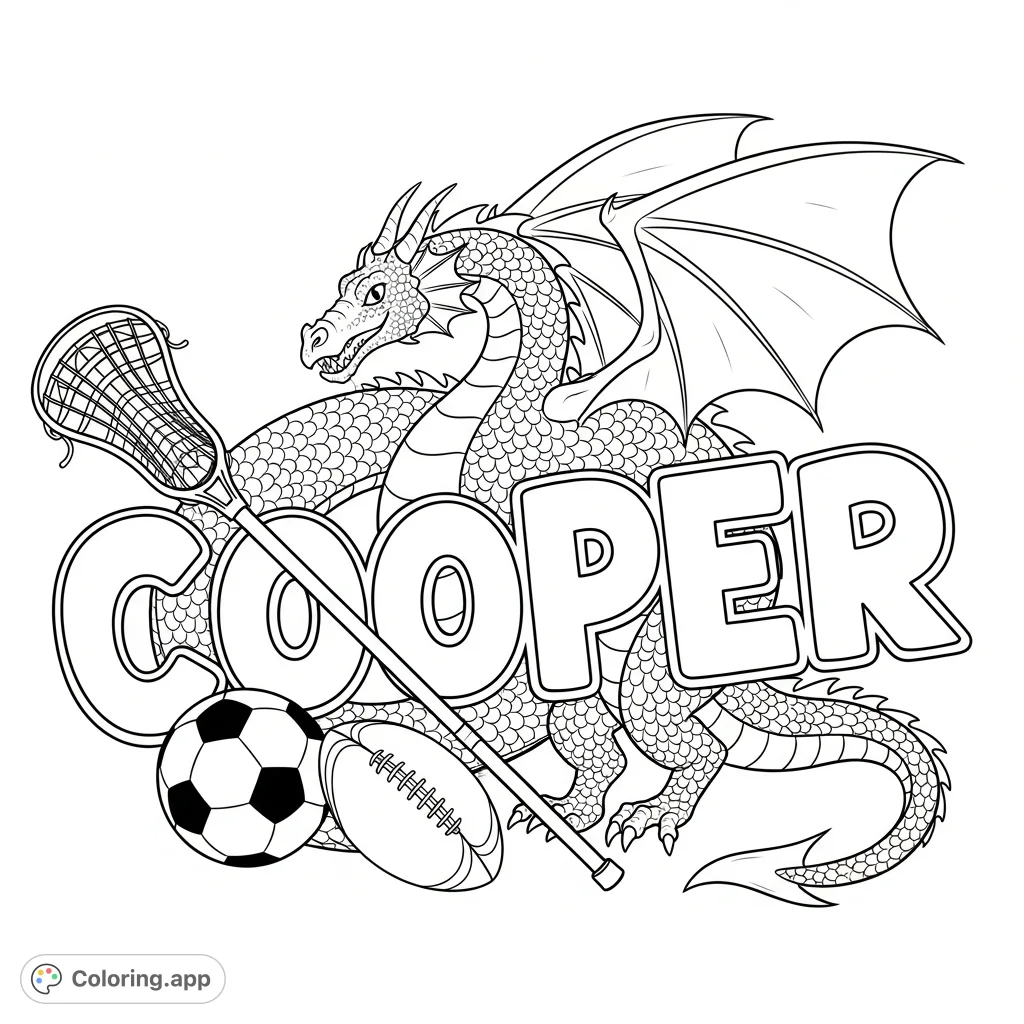 Personalized 'Cooper' coloring page featuring bold letters, sports equipment like a lacrosse stick and soccer ball, and a magnificent dragon winding through it all.