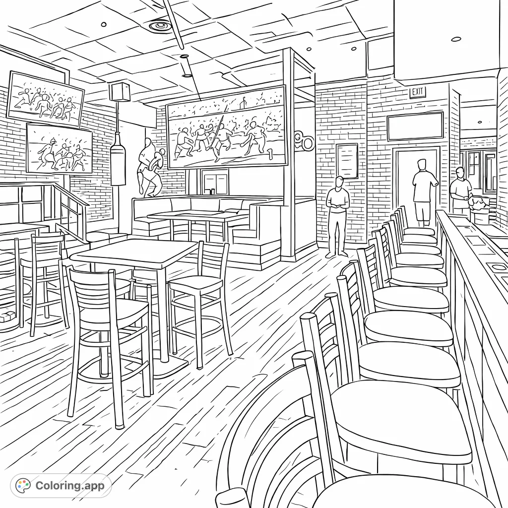 Step into a bustling sports bar scene, complete with high-top tables, bar seating, big screens, and a relaxed atmosphere, perfect for coloring.