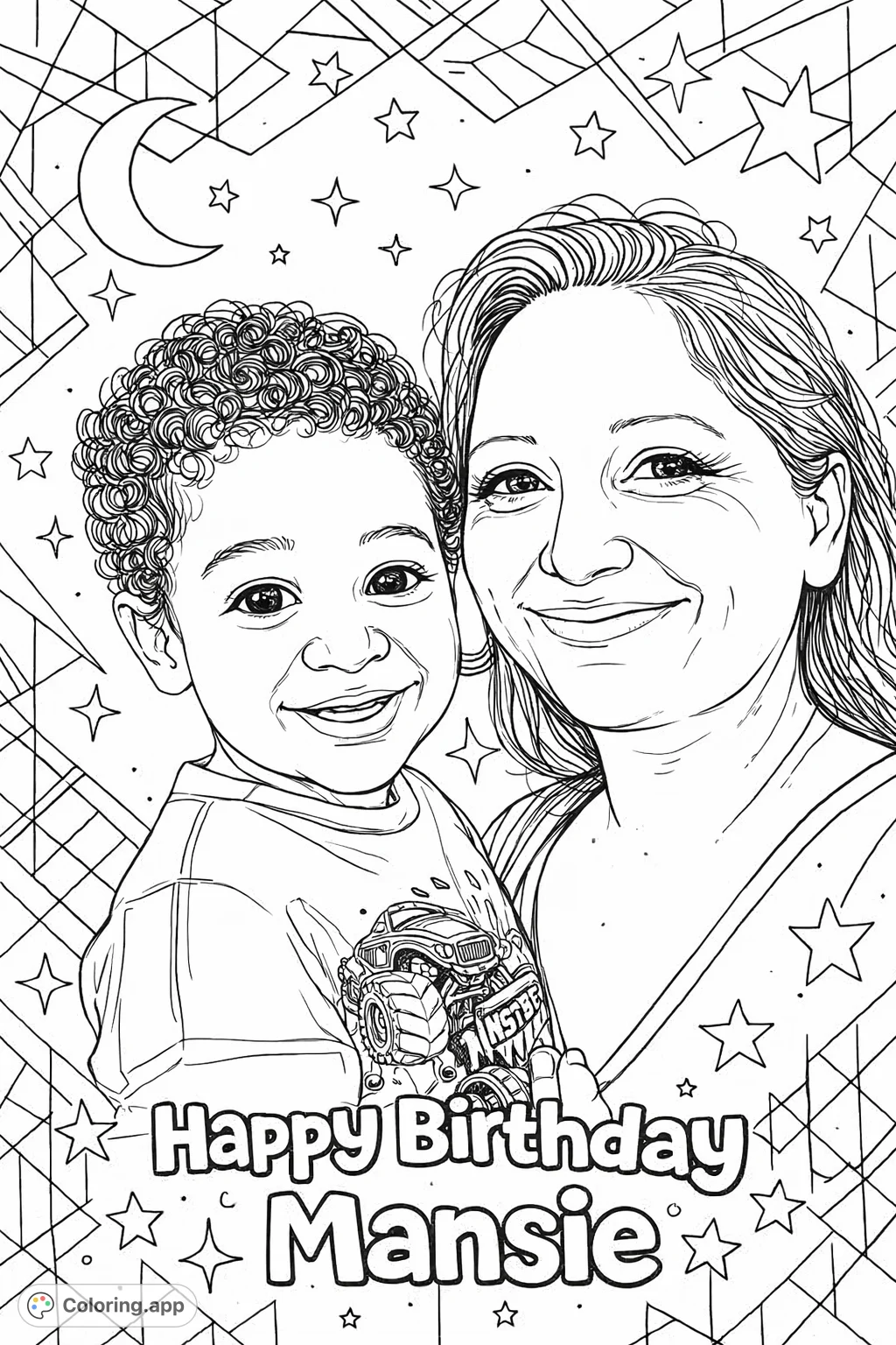 A heartwarming free printable birthday family portrait coloring page featuring a smiling woman and child. Perfect for celebrating special bonds and personalized gifts.