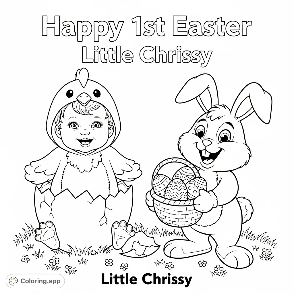 Celebrate Little Chrissy's 1st Easter with an adorable baby chick in a cracked egg and a joyful cartoon Easter bunny, perfect for a special keepsake!