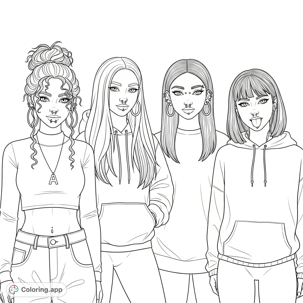Capture the unique styles of four friends in this modern coloring page. Perfect for teens and young adults who love fashion and friendship themes.