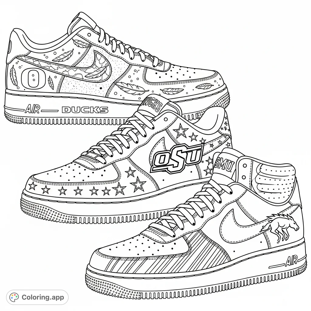 Custom Air Force 1 shoes for Oregon Ducks, Oklahoma State, and SMU football, featuring iconic team logos and themes. A dynamic sports shoe coloring page.