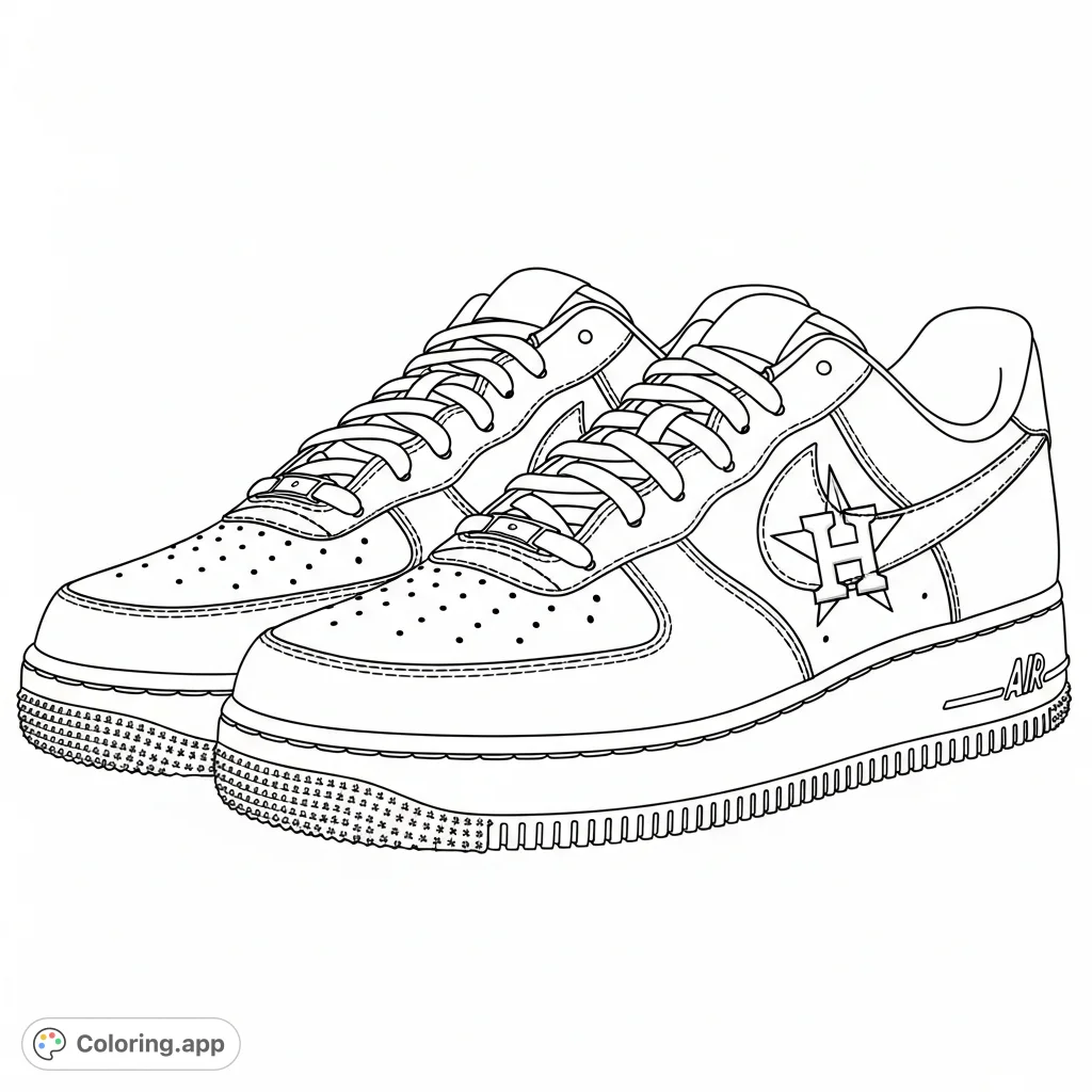 Color a pair of iconic Air Force 1 sneakers customized with the distinctive Houston Astros star and 'H' logo. Perfect for sports fans and sneaker enthusiasts.