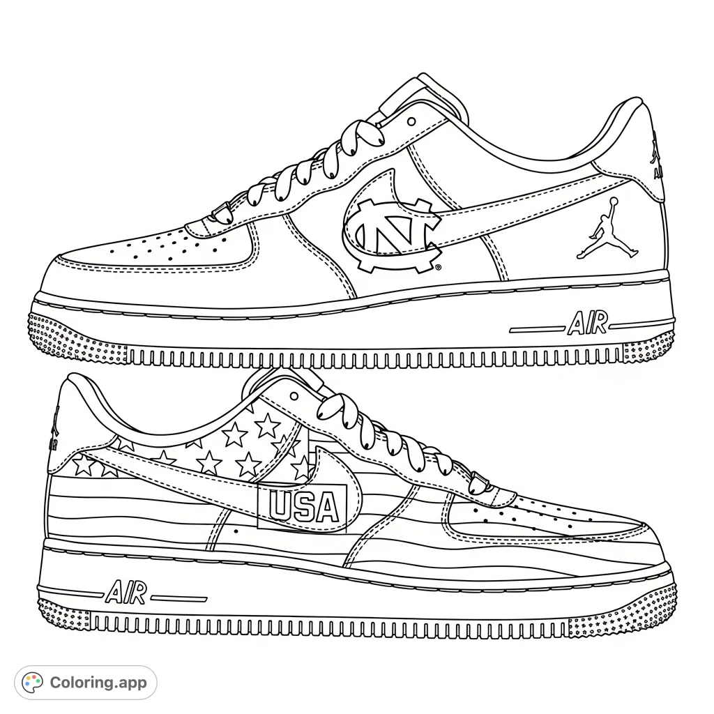 Two blank Air Force 1 shoes stacked, featuring the North Carolina Tar Heels and Jordan logos on the top, and the USA flag on the bottom shoe. Customize your dream sneakers!