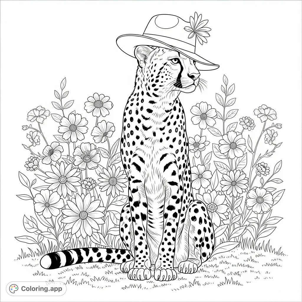 Discover a charming cheetah sporting a stylish hat amidst a field of blooming flowers. A delightful scene for all ages to bring to life with color!