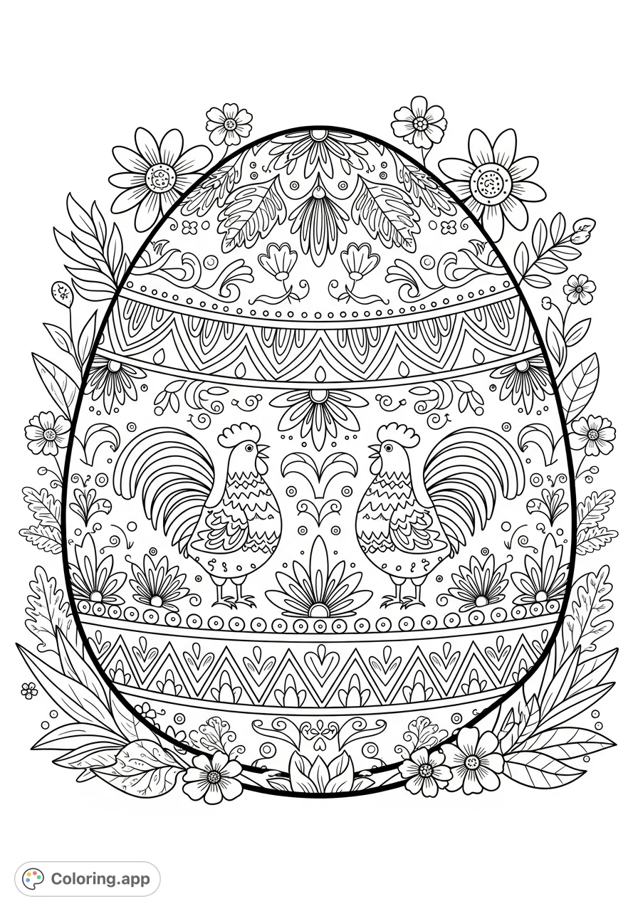 An intricately detailed traditional Easter egg coloring page, adorned with symmetrical Polish folk art patterns, flowers, leaves, roosters, and geometric designs. Perfect for all ages.