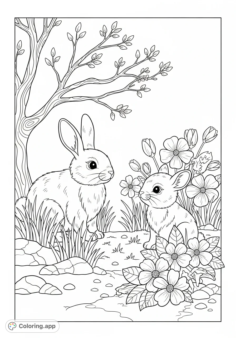 Discover a charming spring scene featuring a fluffy bunny and a curious baby animal amidst blooming flowers, green grass, and a budding tree, perfect for a peaceful coloring session.
