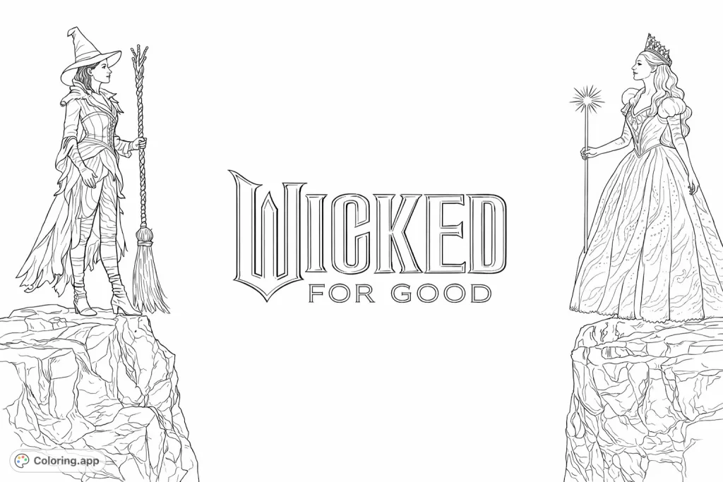 A dramatic fantasy coloring page featuring two powerful figures, a witch and a fairy, poised on rocky cliffs beneath a sweeping sky.