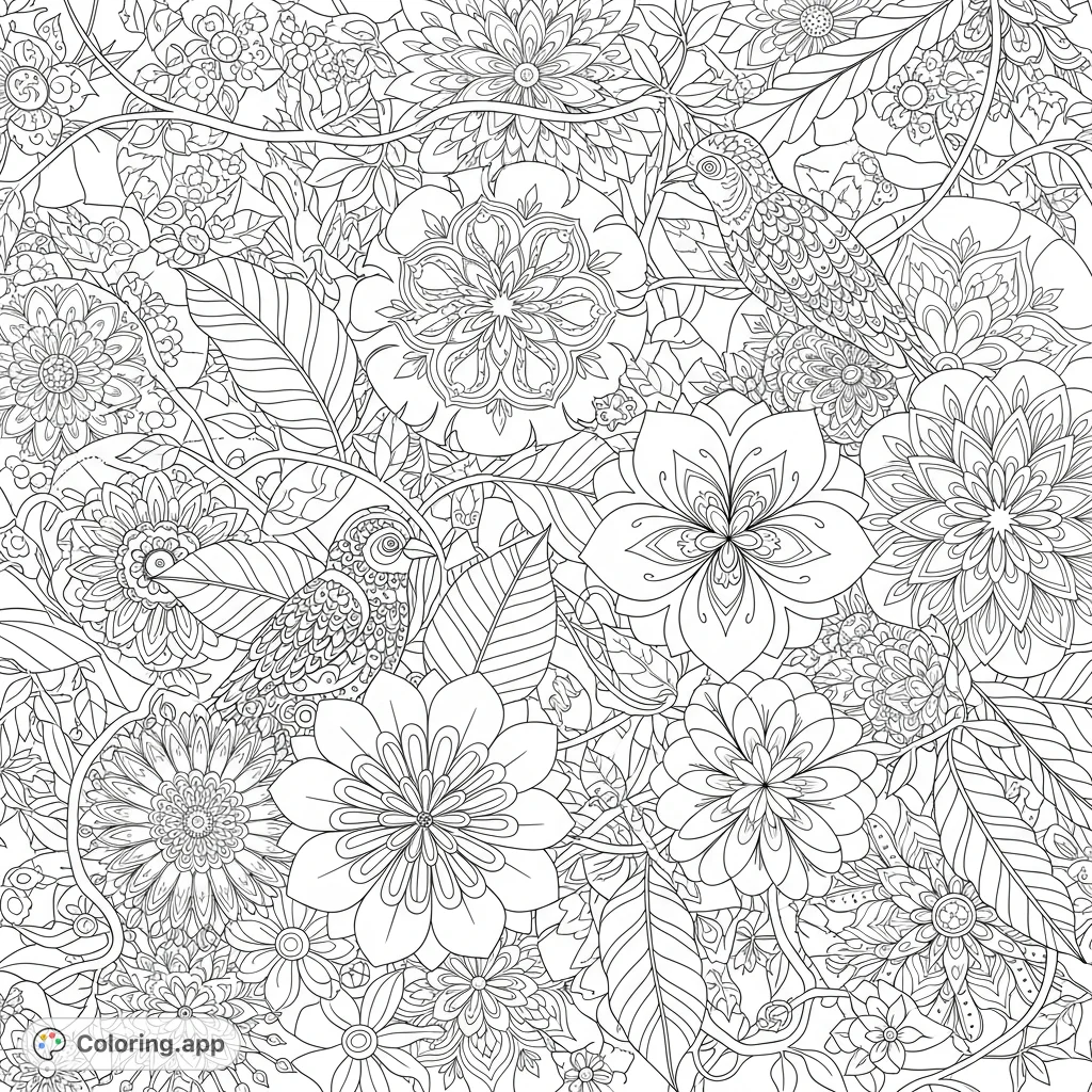 An intricate jungle mandala coloring page. Explore dense foliage, exotic animals, and geometric patterns for a relaxing creative experience.