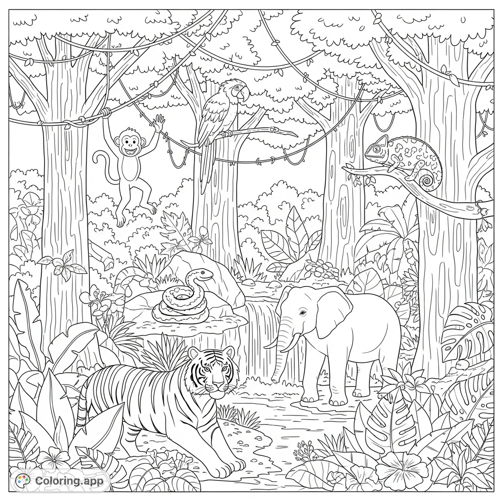 Explore a dense, intricate jungle scene filled with diverse wildlife like monkeys, parrots, tigers, and elephants. Perfect for a wild adventure coloring page.