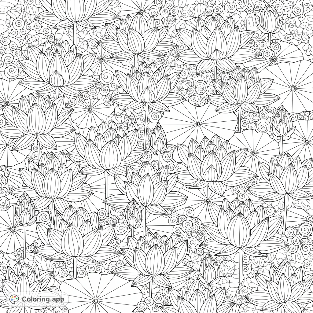 An intricate lotus bloom mandala coloring page featuring a full array of detailed lotus flowers and leaves. A serene abstract design for relaxation and focus.