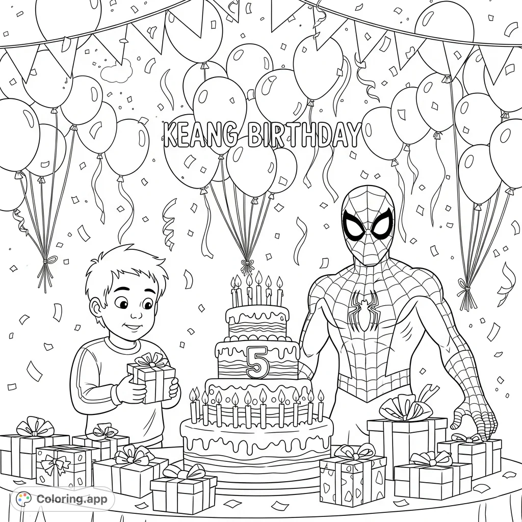 Celebrate Keanu's 5th birthday with Spider-Man! A dynamic scene filled with cake, presents, and party fun for a super special day.