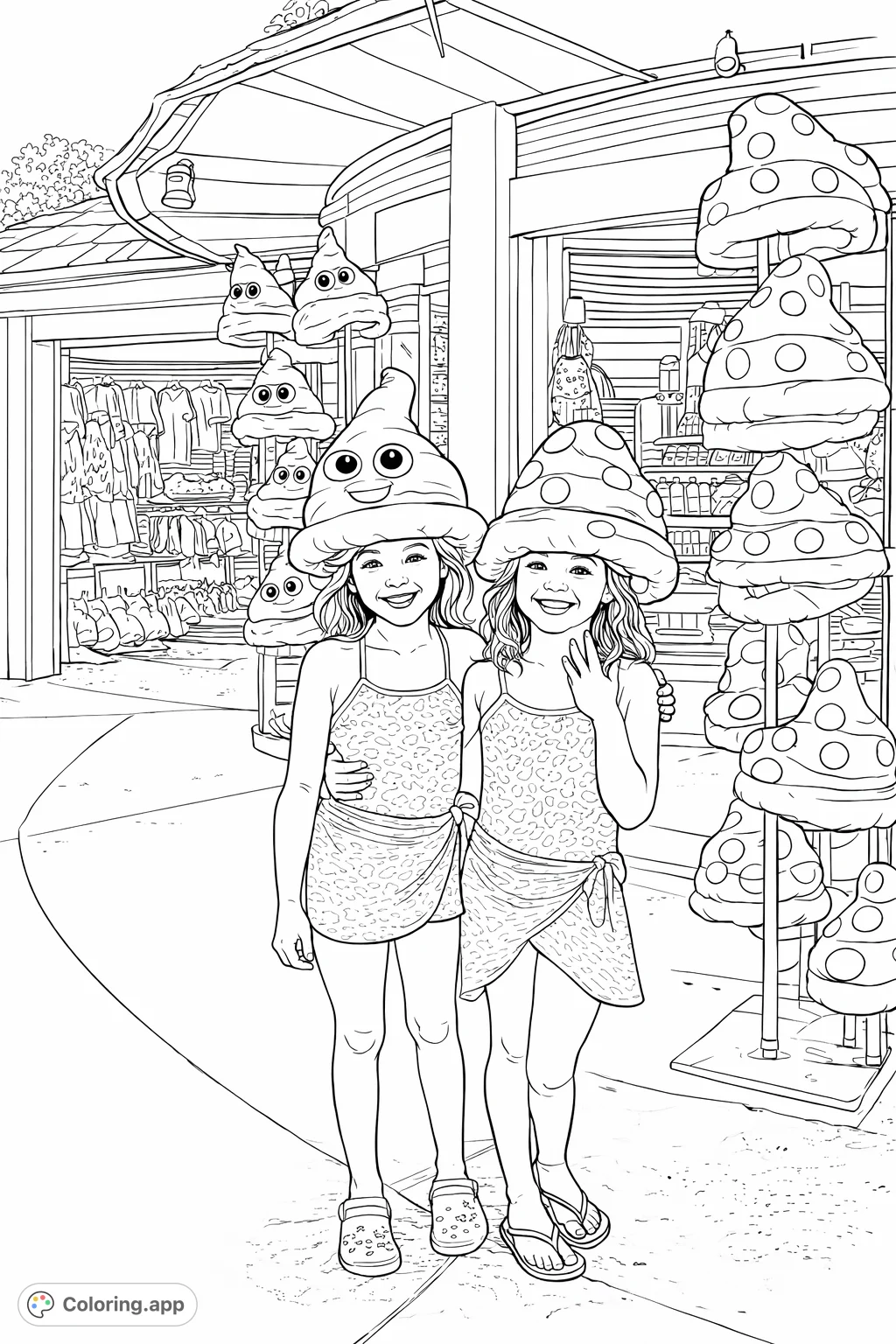 Two smiling girls in amusing hats pose outside a shop, surrounded by unique merchandise. A delightful scene for imaginative coloring fun!